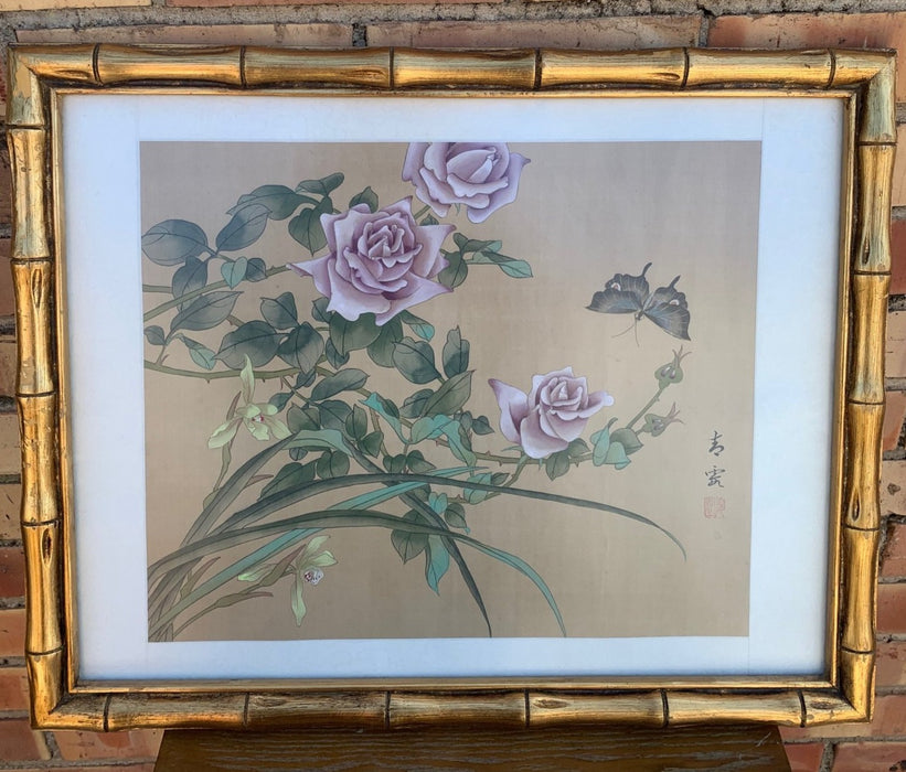 FRAMED ASIAN PRINT WITH FLOWERS AND BUTTERFLY