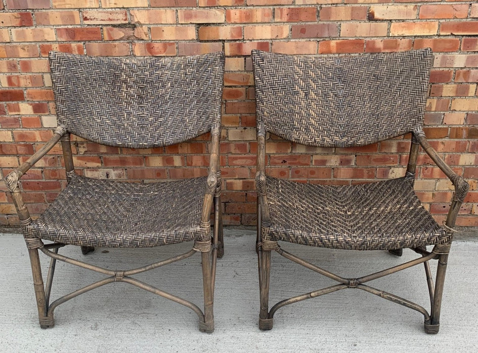 PAIR OF WIDE BAMBOO PATIO CHAIR WITH WOVEN SEATS