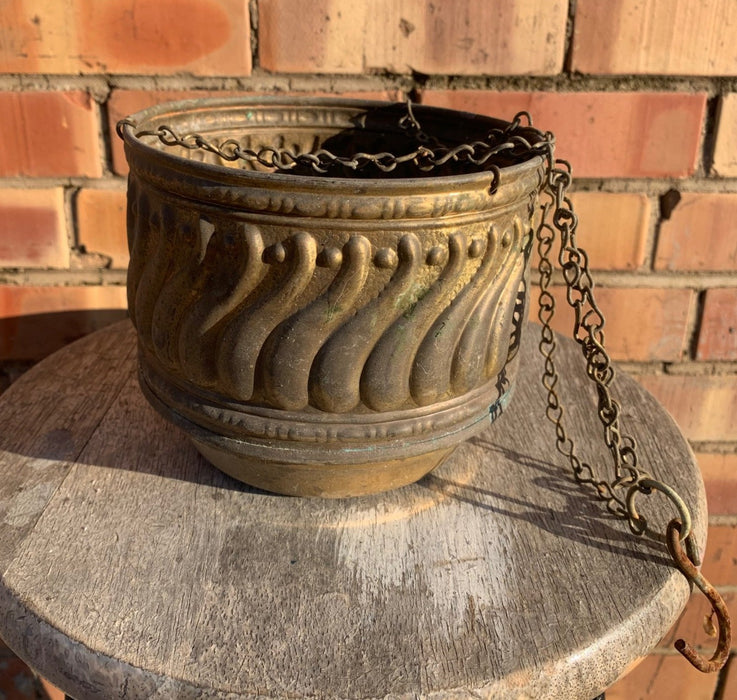 SMALL GADROONED BRASS HANGING PLANTER