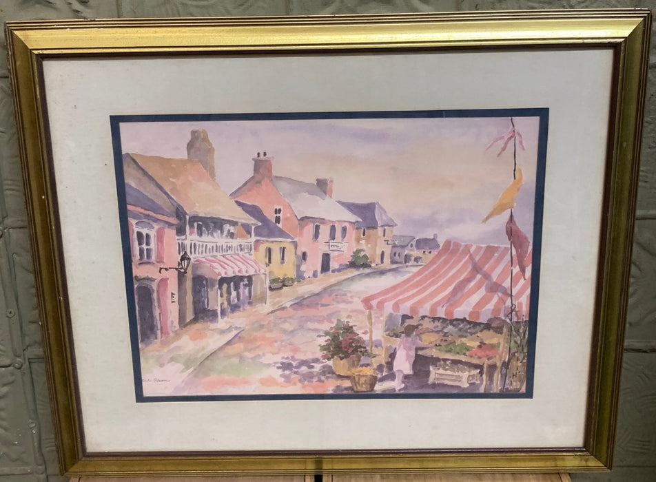 SMALL FRAMED WATERCOLOR OF MARKET