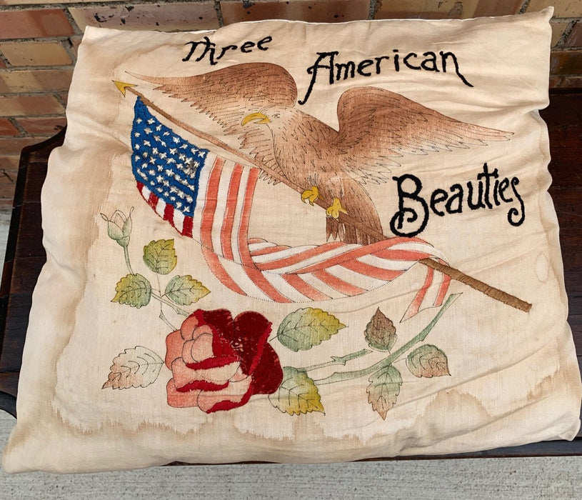 AMERICAN BEAUTIES FLAG, EAGLE, AND ROSE PILLOW - AS FOUND