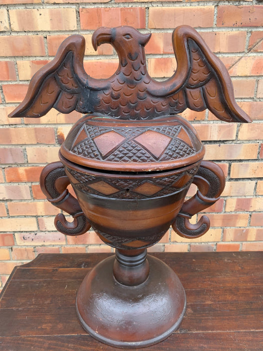 WOOD URN WITH EAGLE FINIAL - AS FOUND