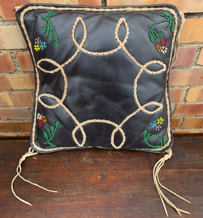 SMALL SQUARE LEATHER AND FLORAL BEADED PILLOW