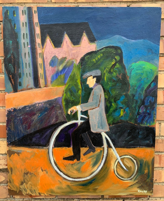 UNFRAMED OIL PAINTING OF MAN ON OLD FASHION BICYCLE