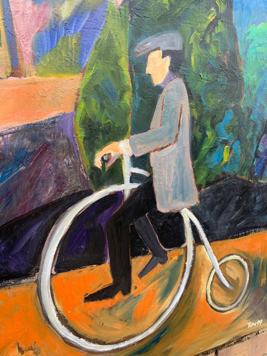 UNFRAMED OIL PAINTING OF MAN ON OLD FASHION BICYCLE