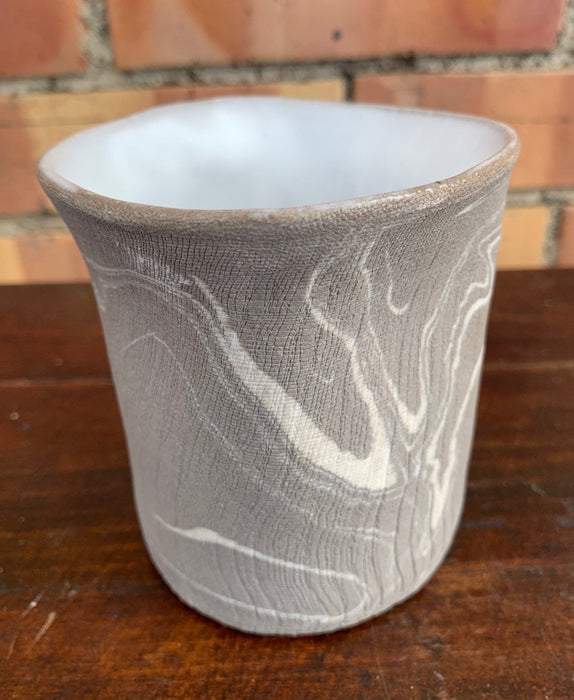 GRAY HAND THROWN POTTERY VESSEL