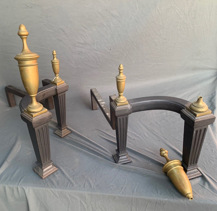 PAIR OF CAST IRON AND BRASS FINIAL ANDIRONS