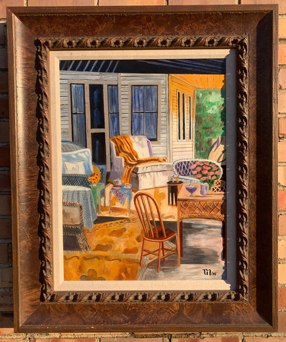 BURL FRAMED PORCH SCENE OIL ON CANVAS PAINTING