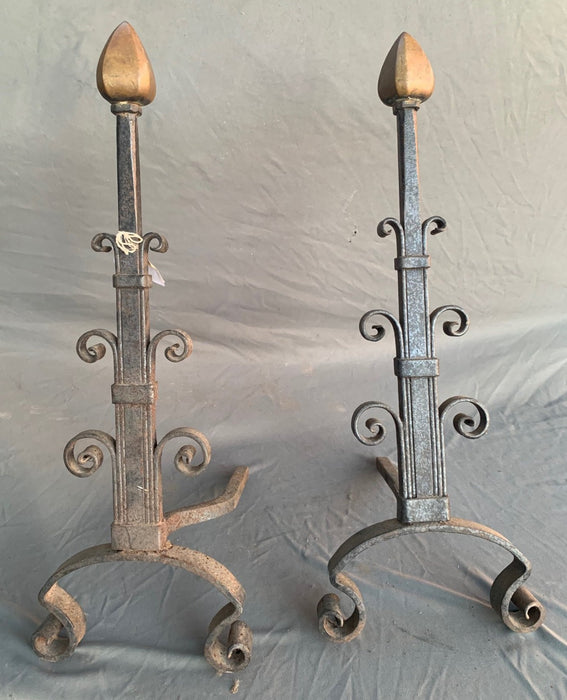PAIR OF EARLY ADIRONS WITH BRASS FINIALS