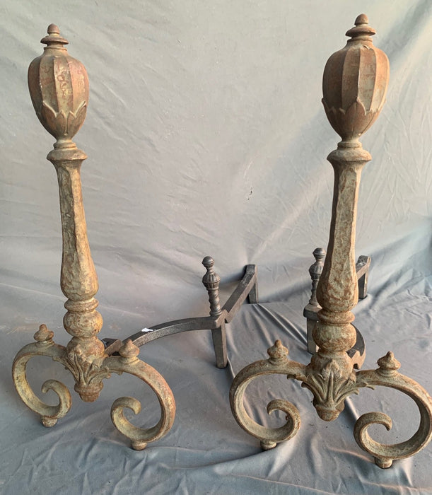 PAIR OF HEAVY IRON ANDIRONS WITH COOL FINIALS