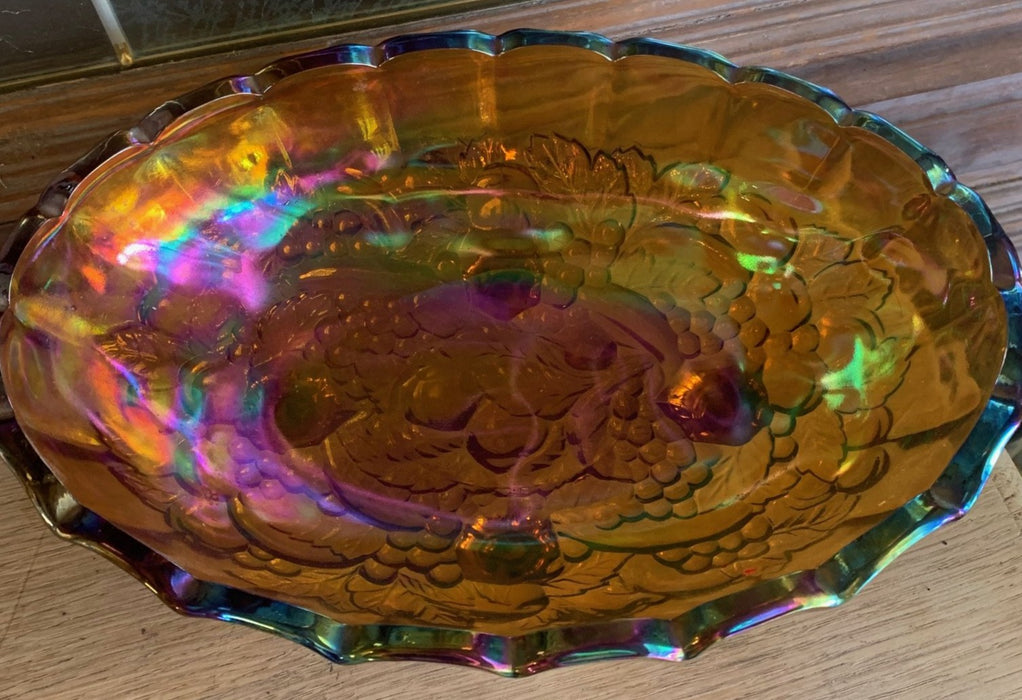 LARGE FOOTED CARNIVAL GLASS FRUIT BOWL