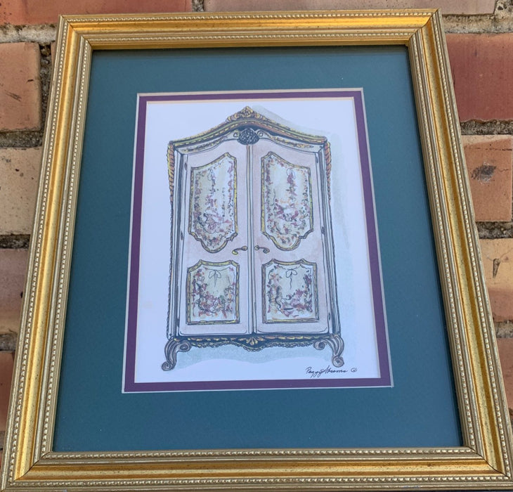 PEGGY ABRAMS ARMOIRE PRINT WITH GOLD FRAME AND GREEN MATTING