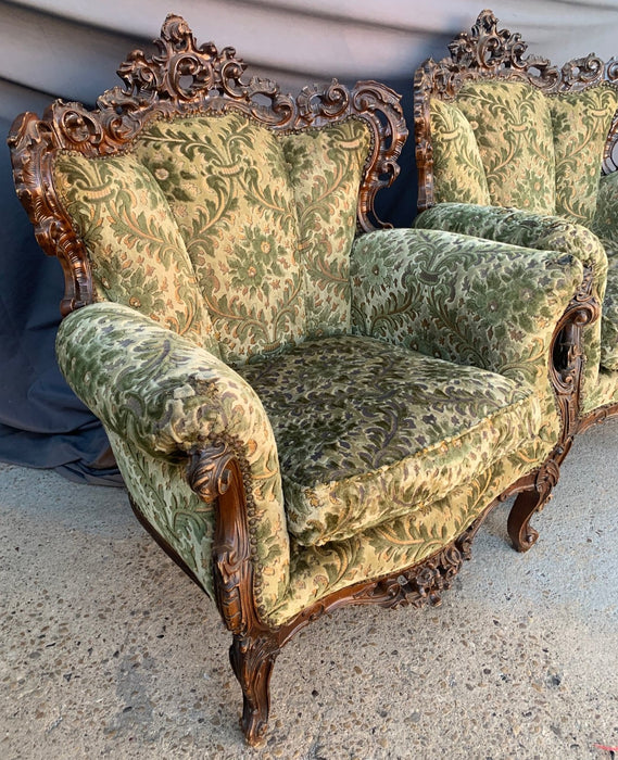 PAIR OF GREEN ROCOCCO UPHOSTERED CHAIRS