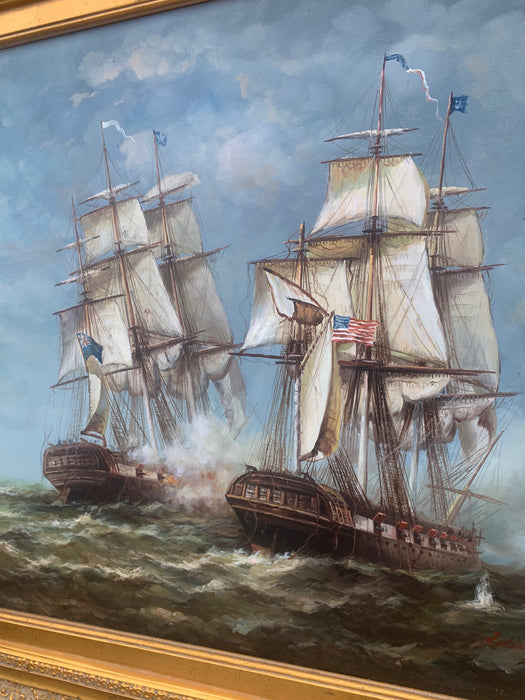 FRAMED SHIPS AT SEA OIL PAINTING