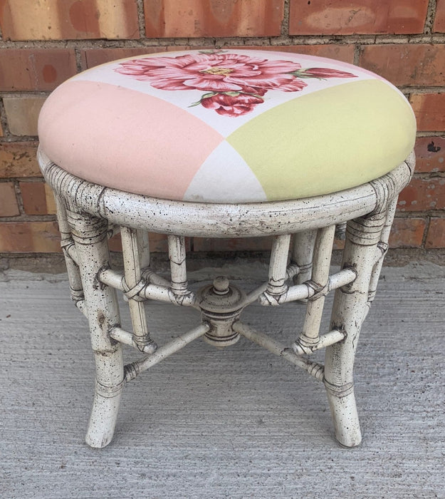 WHITE RATTAN VANITY STOOL WITH UPHOLSTERED SEAT