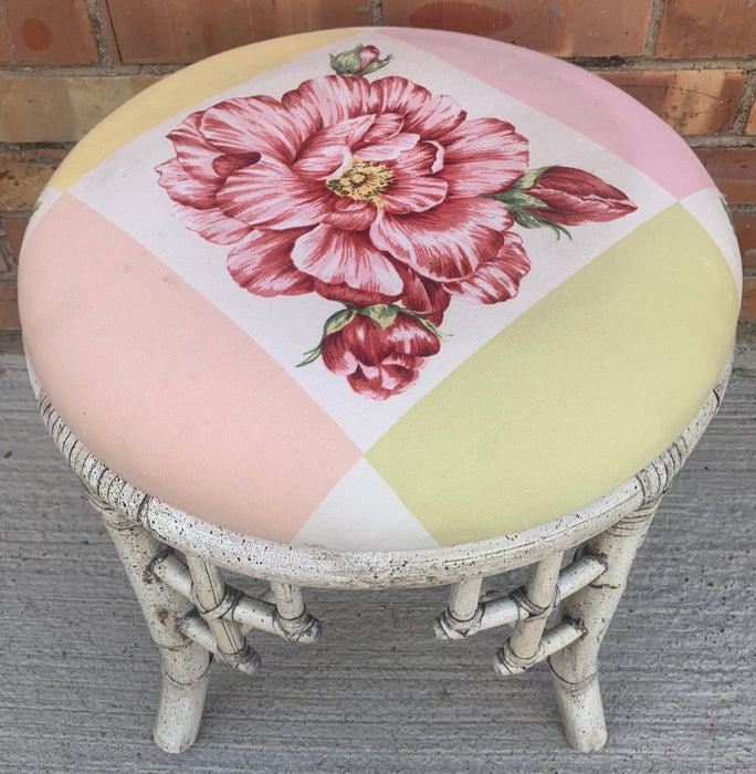 WHITE RATTAN VANITY STOOL WITH UPHOLSTERED SEAT