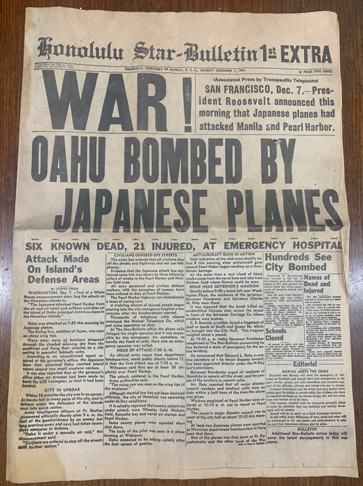 HONOLULU STAR "WAR! OAHU BOMBED" NEWSPAPER