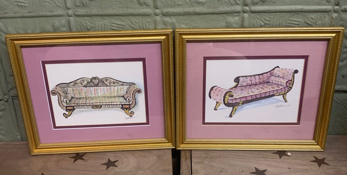 PAIR OF PEGGY ABRAMS FURNITURE PRINTS WITH GOLD FRAMES