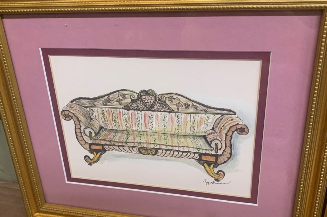 PAIR OF PEGGY ABRAMS FURNITURE PRINTS WITH GOLD FRAMES