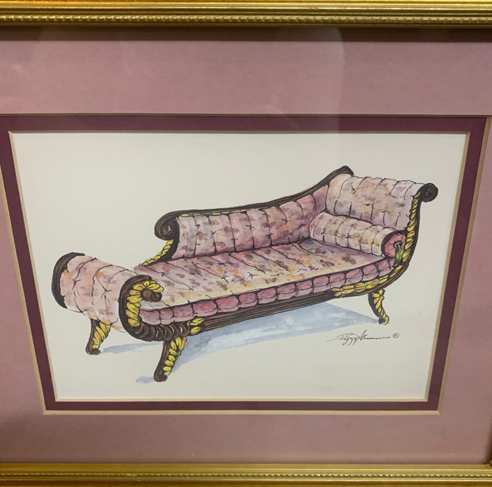 PAIR OF PEGGY ABRAMS FURNITURE PRINTS WITH GOLD FRAMES