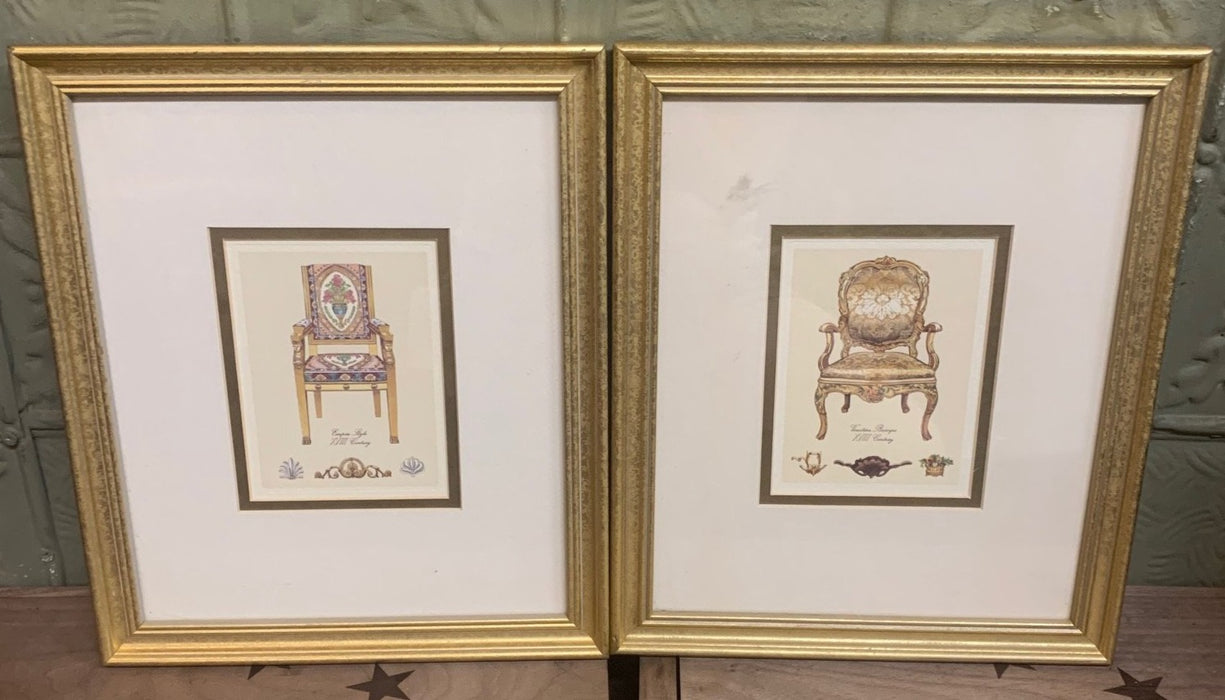 PAIR OF XVIII CENTURY STYLE CHAIR PRINTS WITH GOLD FRAMES