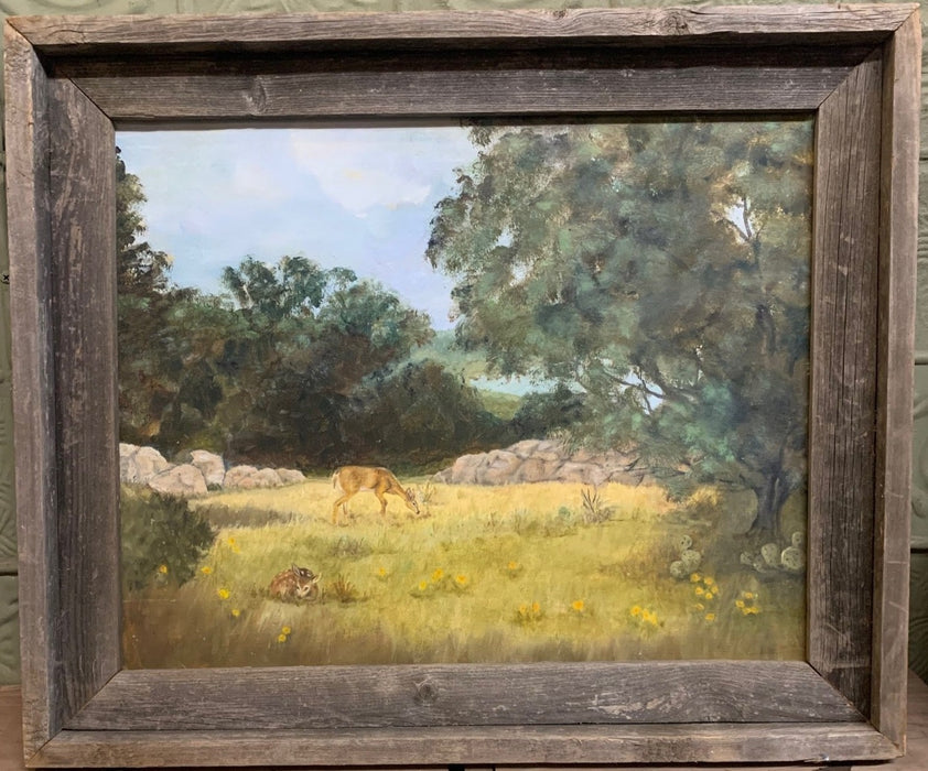 FRAMED OIL PAINTING ON CANVAS OF DEER BY MYRNICE 1981