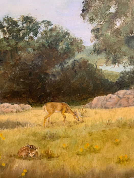 FRAMED OIL PAINTING ON CANVAS OF DEER BY MYRNICE 1981