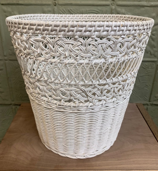 WHITE PAINTED WICKER PLANTER BASKET OR TRASH BIN