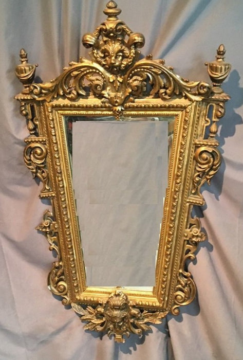 LION AND MALE FACE GOLD PLASTER FRAMED BEVELED MIRROR