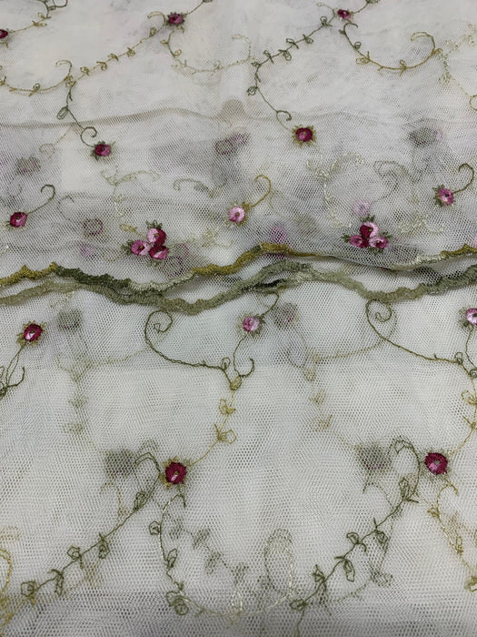 PAIR OF NET CURTAIN SHEERS EMBROIDERED WITH FLOWERS AND VINES