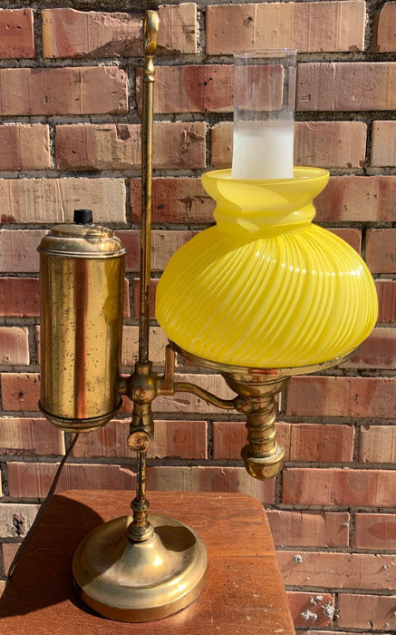 BRASS STUDENT'S DESK LAMP WITH YELLOW GLASS SHADE