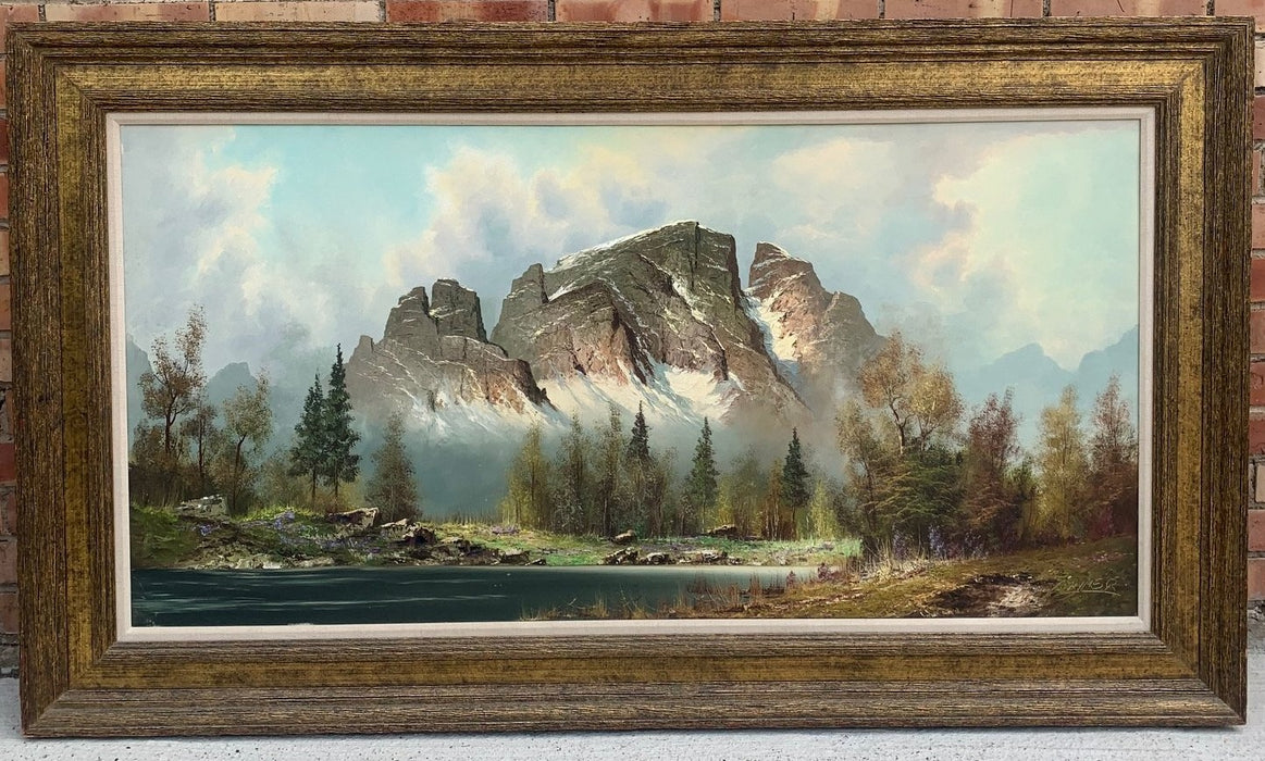 LARGE GERMAN OIL PAINTING OF MOUNTAINS WITH LAKE IN FOREGROUND