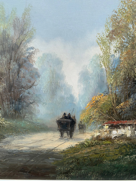 LARGE OIL PAINTING OF OF CARRIAGE IN THE WOODS BY GEORGE DEARA