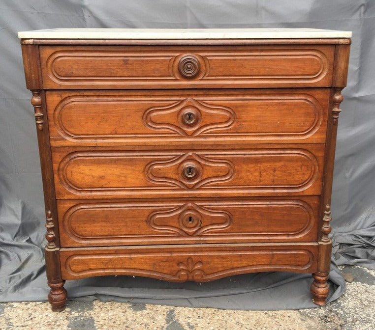 19TH CENTURY WALNUT MARBLE TOP TALL FOUR DRAWER CHEST OF DRAWERS