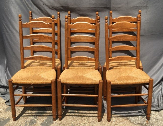 SET OF 6 RUSTIC RUSH SEAT LADDER BACK CHAIRS