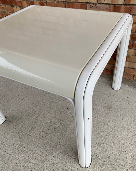 SET OF VINTAGE WHITE METAL TABLE AND 2 LEATHER CHAIRS