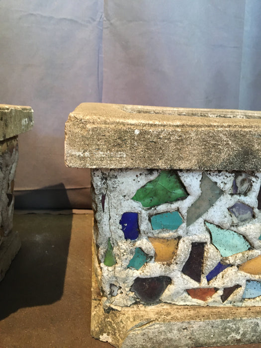 PAIR OF LONG CONCRETE PLANTERS WITH MOSAIC ORNAMENTATION
