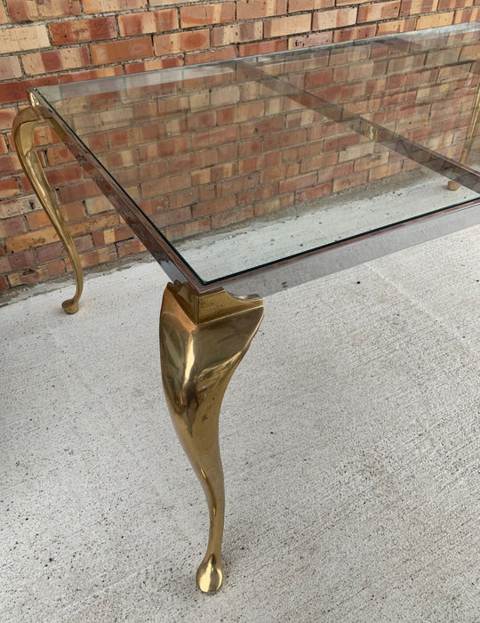 LARGE STEEL AND BRASS WITH GLASS VINTAGE QUEEN ANNE DINING TABLE