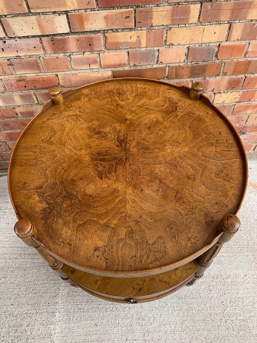 ROUND BURLED TOP MIDCENTURY  SIDE TABLE WITH DRAWER