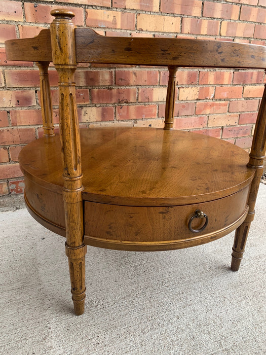 ROUND BURLED TOP MIDCENTURY  SIDE TABLE WITH DRAWER