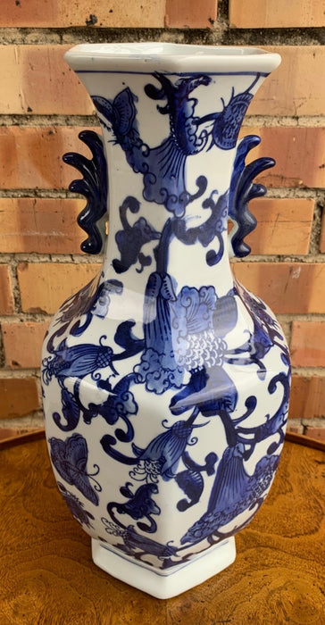 HEX SHAPED ASIAN BLUE AND WHITE TALL VASE