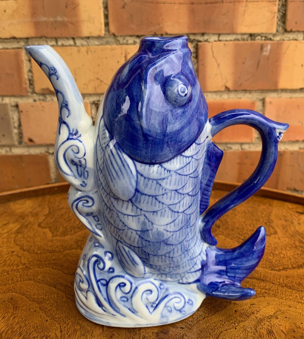 TALL BLUE AND WHITE FISH TEAPOT