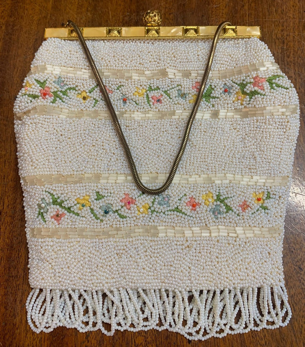 WHITE BEADED CINDERELLA PURSE WITH FLOWER EMBROIDERY