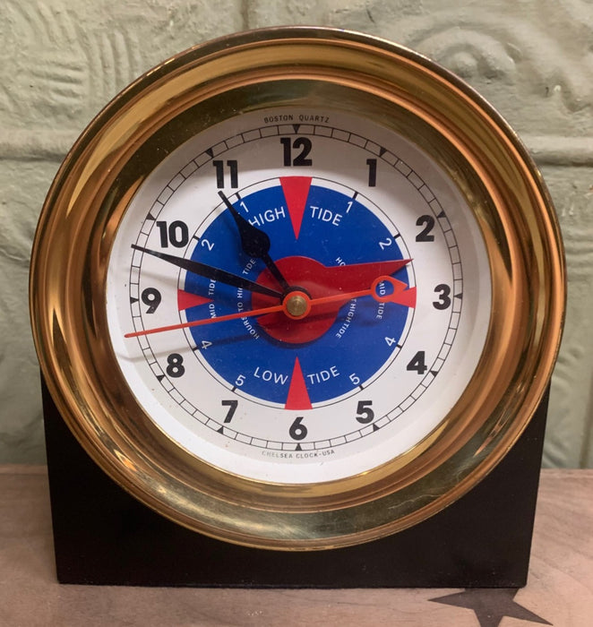 COLORFUL NAUTICAL BRASS TIDAL GAUGE CLOCK ON STAND
