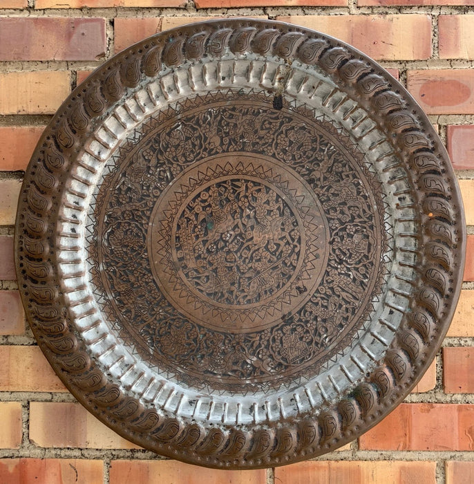 HEAVY INCISED COPPER TRAY WITH SILVER OVERLAY