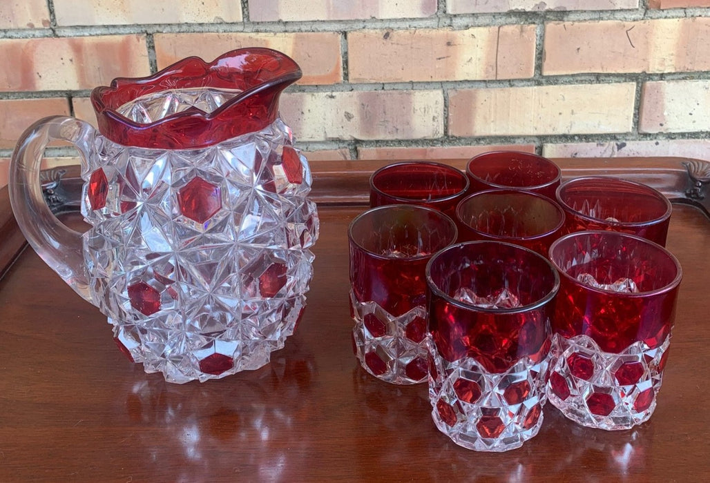 ANTIQUE RUBY CUT GLASS PITCHER AND TUMBLERS SET