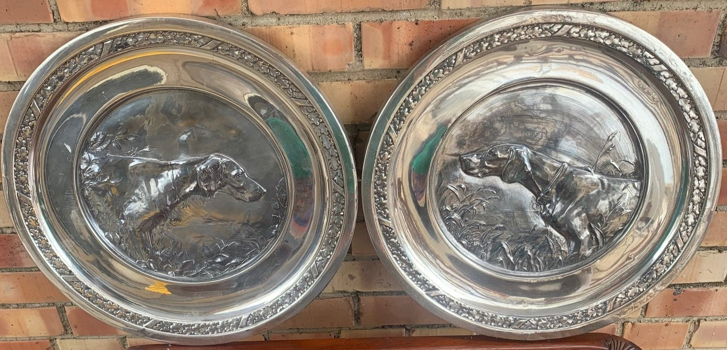 PAIR OF SILVER HUNTING DOG PLAQUES