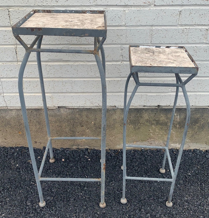 PAIR OF SMALL GRAY METAL PLANT STANDS