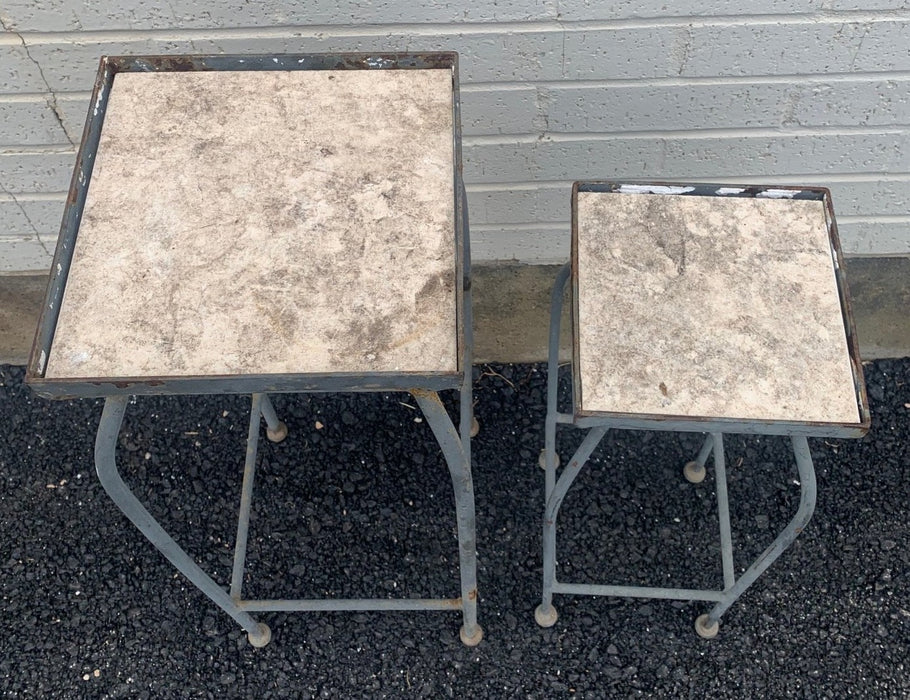 PAIR OF SMALL GRAY METAL PLANT STANDS