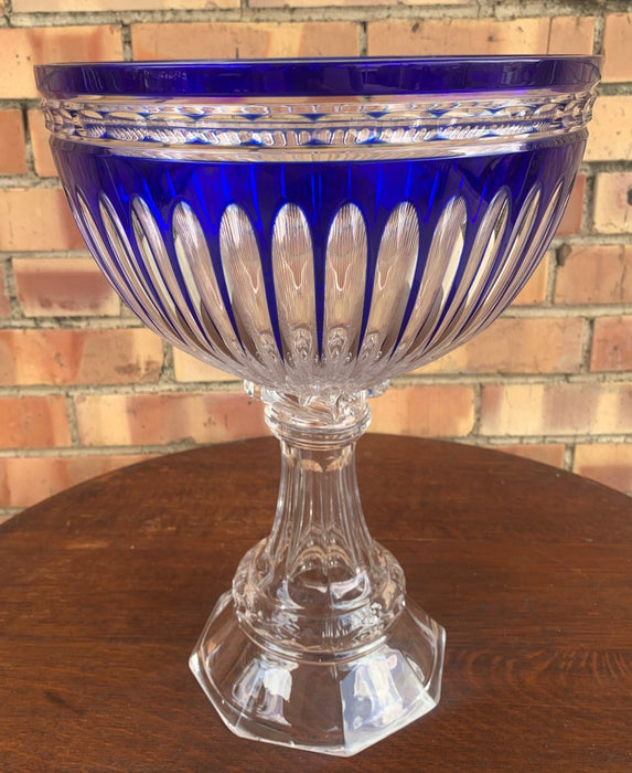 COBALT AND CLEAR GLASS TALL COMPOTE